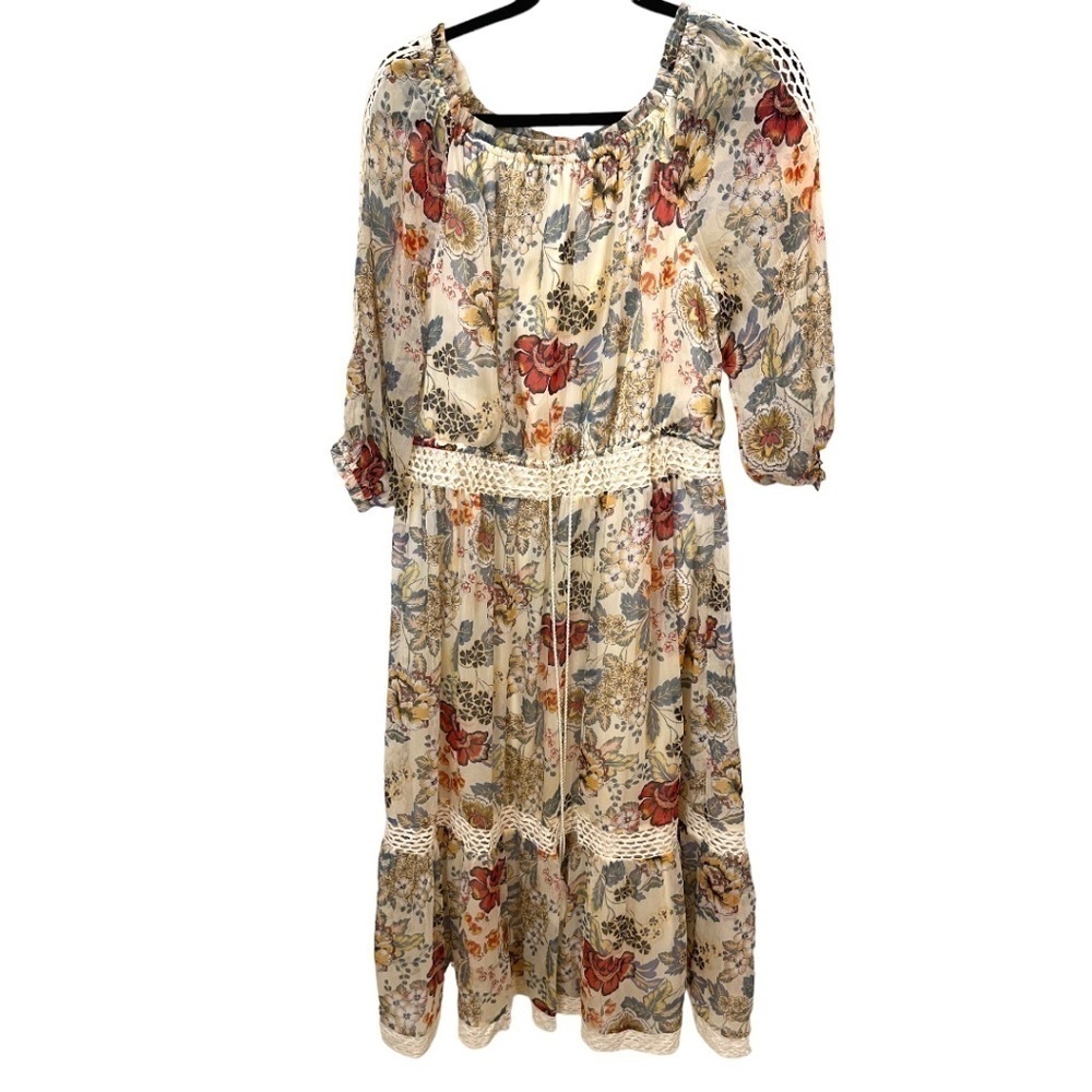 Ryan Michelle BoHo Style Sheer Overlay Floral 3/4 Sleeve Ruffle Hem Dress Size L